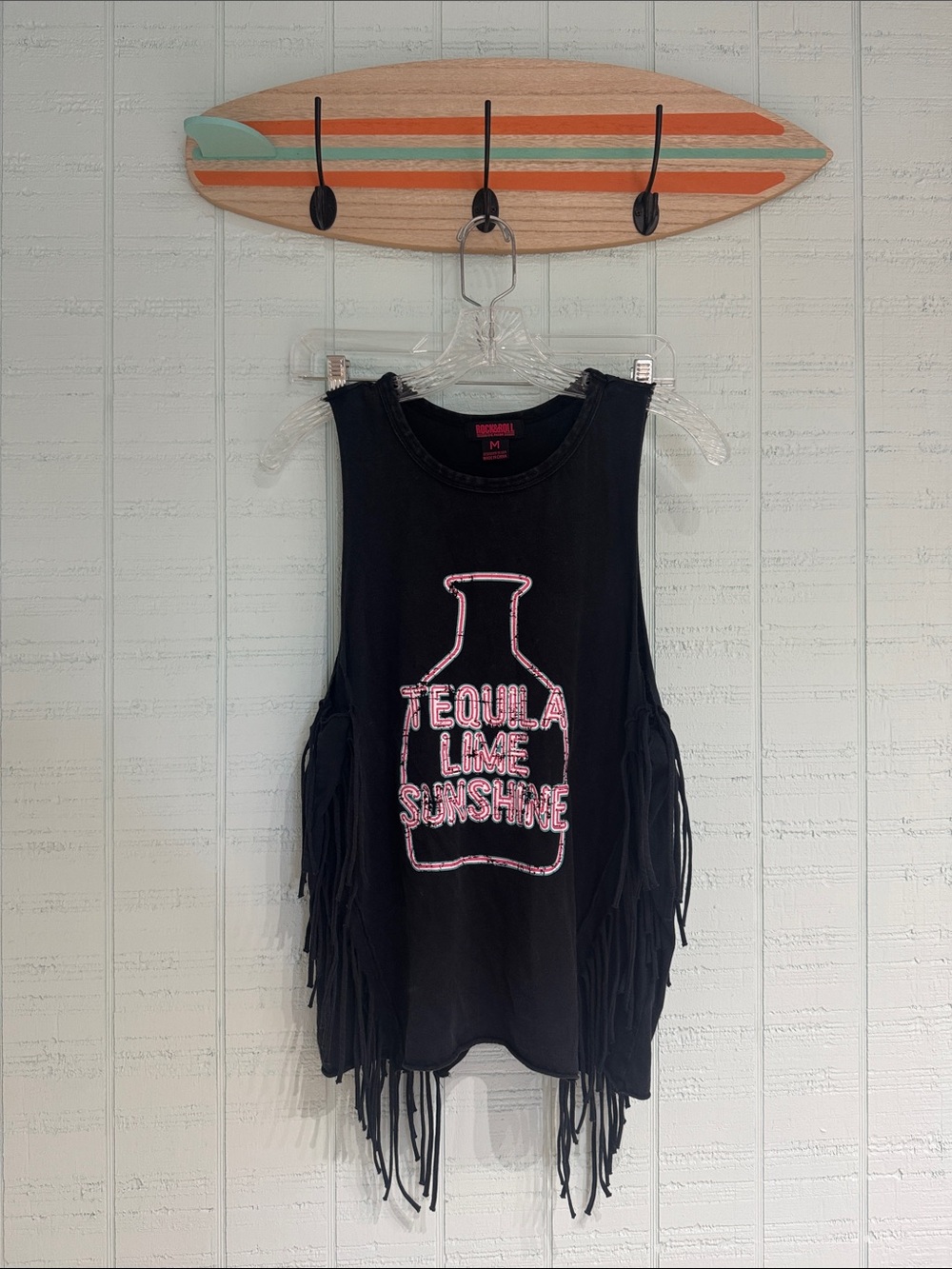 Black Fringe Tank with Pink 'Tequila Lime Sunshine' Graphic